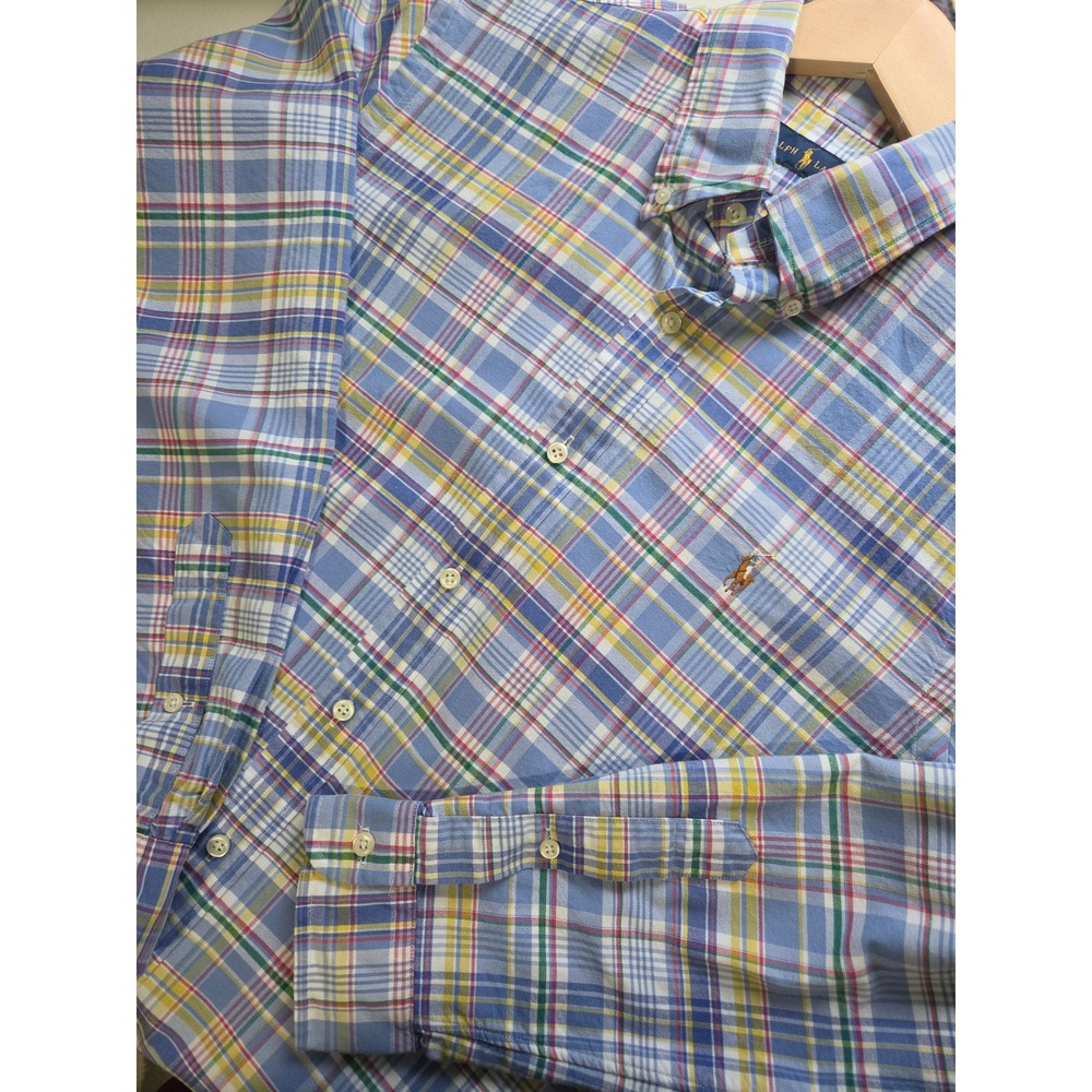 Ralph Lauren Mens Large Plaid Button Down Shirt Blue Yellow Cotton Long Sleeve